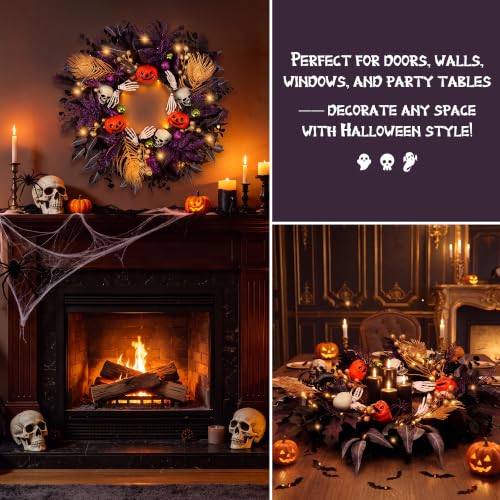 Halloween Wreath with Lights - Gothic Pumpkin Door Decor, 24 Inch