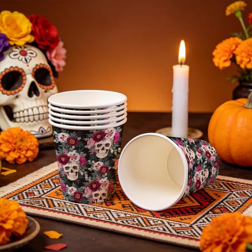 Halloween Paper Cups 9oz Blooming Floral Skull Design - 50 Pack Disposable Drinkware