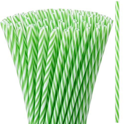 Reusable Plastic Straws Bulk - Green & White Stripe, 50 Pack