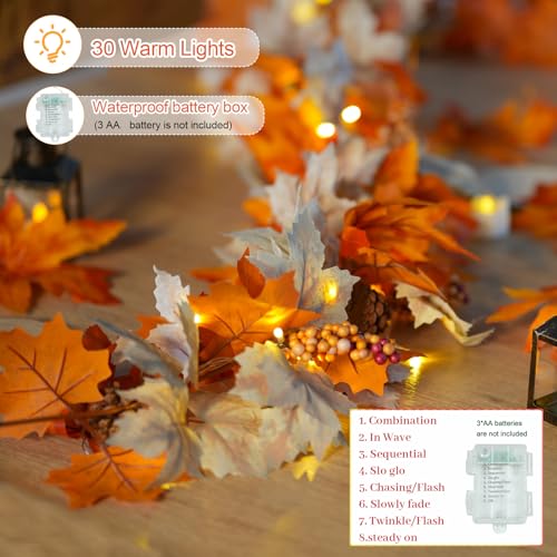 6 FT Fall Garland with Lights - Autumn Decor with Timer - Orange