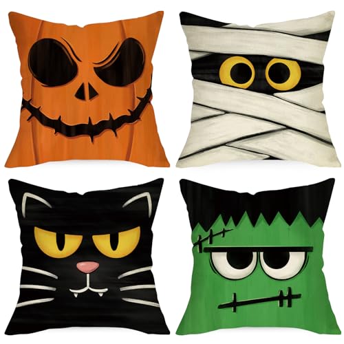 20x20 Inch Halloween Jack O Lantern Throw Pillow Cover - Spooky Face, Pack of 4