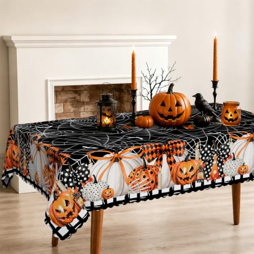 Halloween Rectangle Tablecloth 60x120 Inch with Dots Bow Pumpkin Spider Web Bat Waterproof & Wrinkle-Resistant - Variation: Pumpkin 120" x 60"
