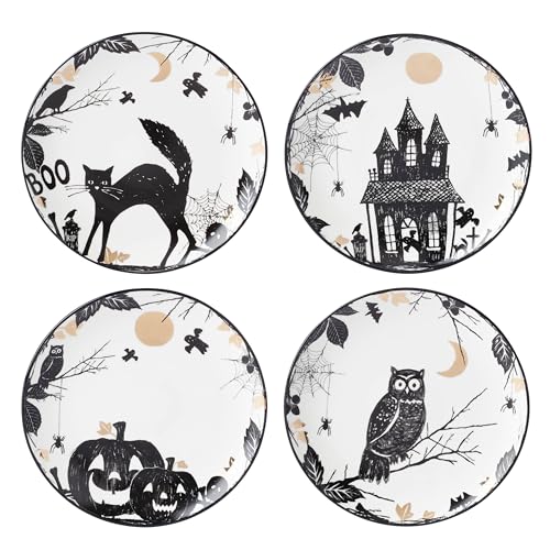 Halloween Accent Plates Set of 4 - Spooky 8-Inch Porcelain Appetizer Plates - Haunted Halloween Decor