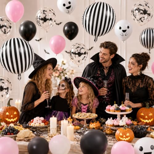 Pink and Black Halloween Balloons with Bat and Ghost Prints - Variation: Black Pink White