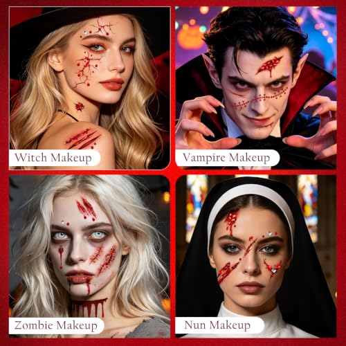 Halloween Fake Blood & Face Tattoo Kit with Gems for Zombie Vampire Makeup
