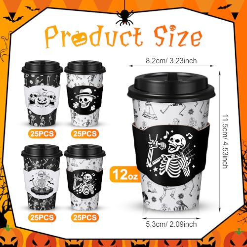Halloween Skeleton 12 oz Disposable Coffee Cups with Lids & Sleeves - Pack of 100