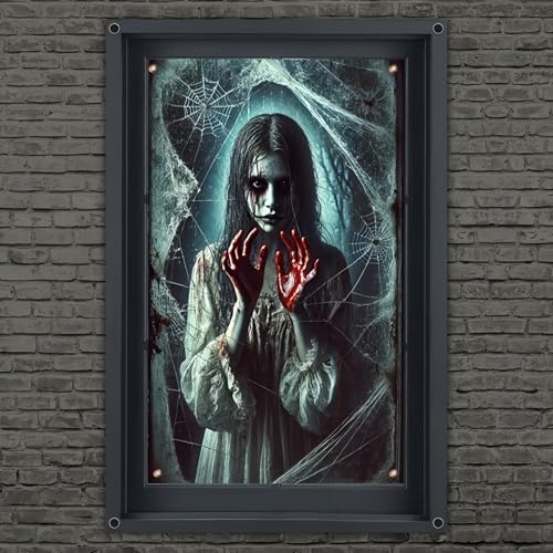 Halloween Web Girl Window Cover 31x47 Inch Spooky Decoration