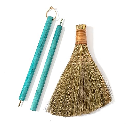 Vietnamese Straw Soft Broom with Green Wooden Handle - Traditional Decorative Sweeper - 45.28 Inch Length - Variation: Green