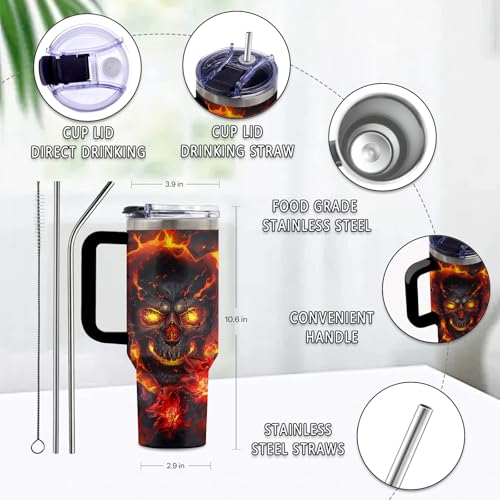 Goth 40oz Stainless Steel Wicked Tumbler with Handle & Straw - Flame Skull Variation