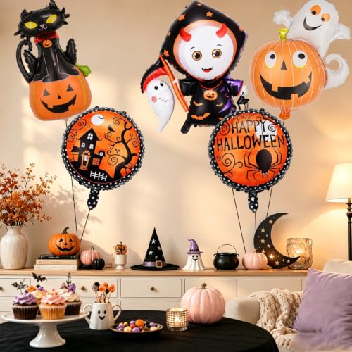 Red Halloween Ghost Balloons Set with Foil Balloons and Ribbon - 5 Pieces