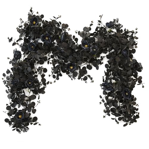 Black Garland with Flowers - 6.56ft Halloween Decorations with 8 Roses - Indoor Outdoor Wall Backdrop - Black / 1PC