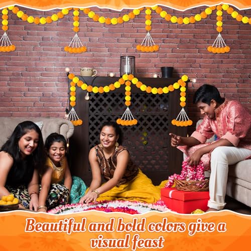 Artificial Marigold Garland for Diwali & Wedding Decor - Orange Yellow 3 Pack, 4.92 Feet Long