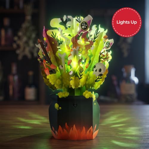 Halloween Cauldron Light-Up Paper Flower Bouquet - 12 Inch, Pop-Up Decor