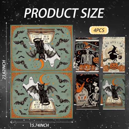 Halloween Kitchen Towels Set - Vintage Skull Pumpkin Witch 16x24 Inches