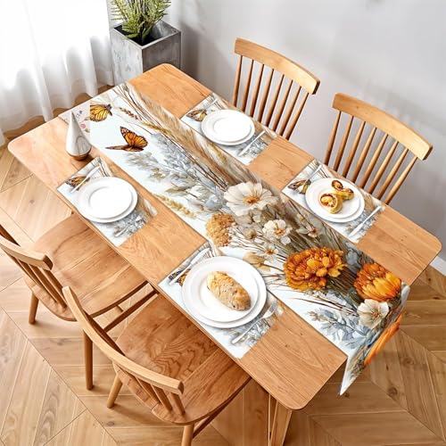 Autumn Floral & Butterfly Table Runner & Placemats Set - 87 / Set of 4 - Rustic Fall Linen Decor
