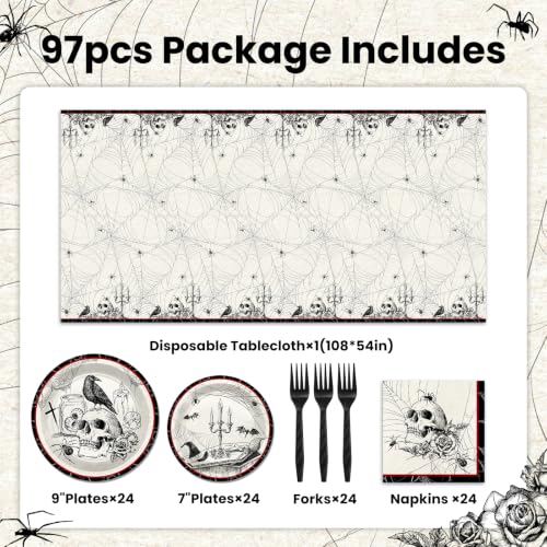 Gothic Halloween Party Plates & Napkins Set - Crow Skull Spooky Decor