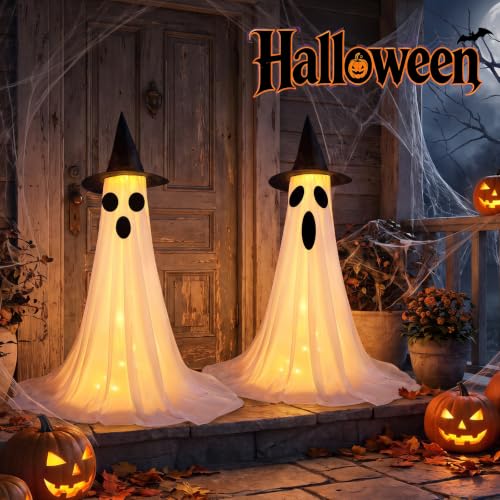 Halloween Ghost Decorations Set with Light Up Spooky Ghosts & Remote String Lights