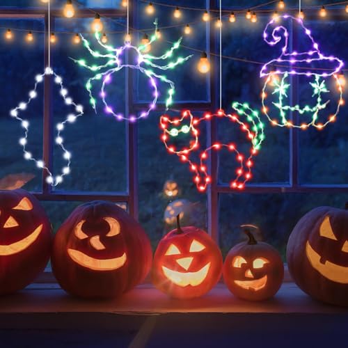 Halloween Indoor Window Decorations Lights 4 Pack - Ghosts Pumpkins Spiders with Remote
