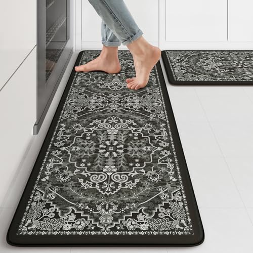 Anti-Fatigue Kitchen Mats Set - Cushioned Boho Rugs 2-Piece Black & Multi