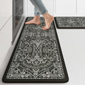 Anti-Fatigue Kitchen Mats Set - Cushioned Boho Rugs 2-Piece Black & Multi