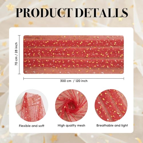 Red Gauze Stars Moon Table Runner 28x120 Inch Glitter Metallic Sheer Decor