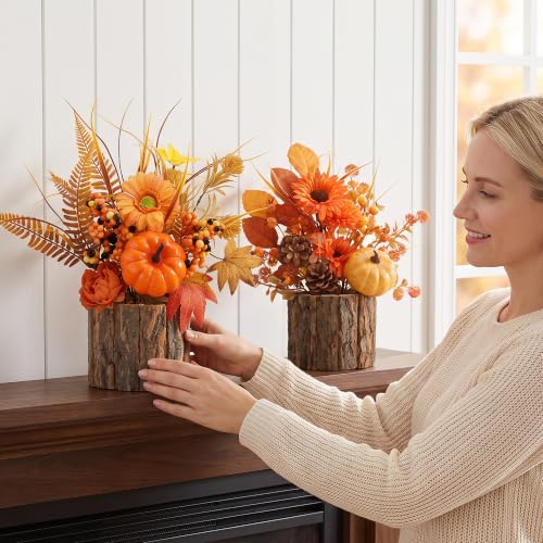 Artificial Fall Table Centerpieces with Rustic Wood Vases - 2 Pack for Thanksgiving & Autumn Decor