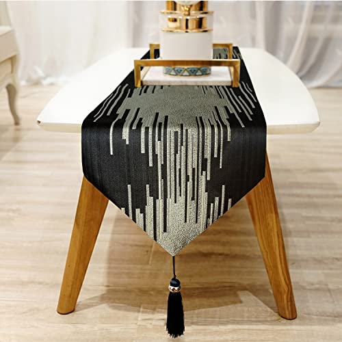 Black 13x98 Inch Abstract Geometric Table Runner with Tassels and Gold Rings - Modern Decor