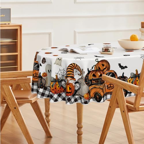 Halloween Tablecloth 60 x 84 Inch Oval Ghost Pumpkin Orange - Durable Polyester
