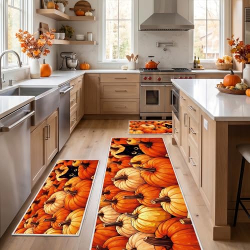 Fall Kitchen Rug Set of 3 - Halloween Pumpkin & Cat Mats with Velvet & Silicone Base