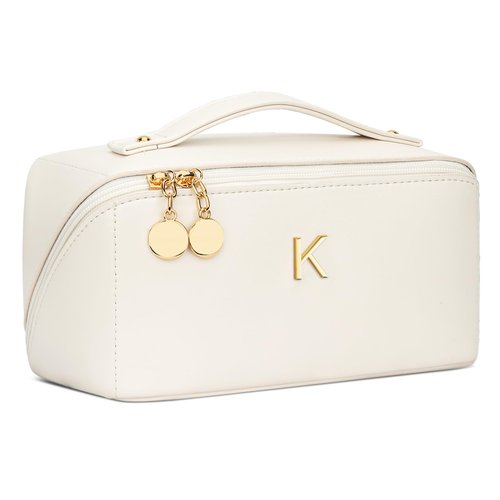 CLOUDWINGS Initial Makeup Bag Gifts for Women Bridesmaid Gifts Travel Toiletry Personalized PU Leather Waterproof Cosmetic Bag (Medium-Beige-K)