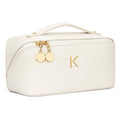 CLOUDWINGS Initial Makeup Bag Gifts for Women Bridesmaid Gifts Travel Toiletry Personalized PU Leather Waterproof Cosmetic Bag (Medium-Beige-K)