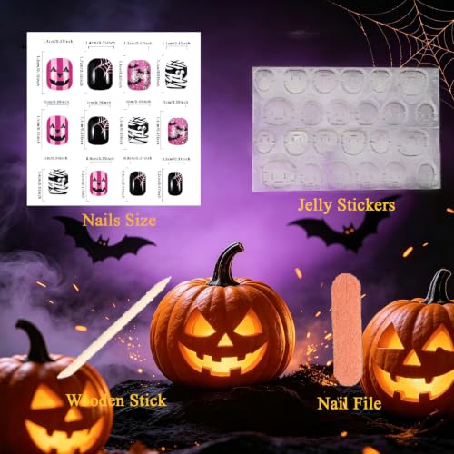 Halloween Press On Nails Short Square Glossy Fake Nails Set - Purple Black White Variation