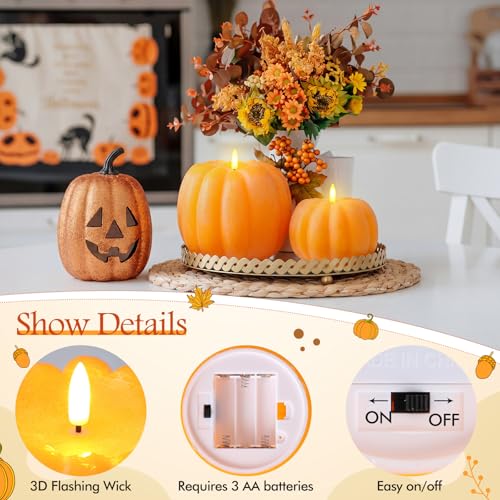Retisee 3-Piece Fall Flameless Pumpkin Candles with Remote Timer - Yellow