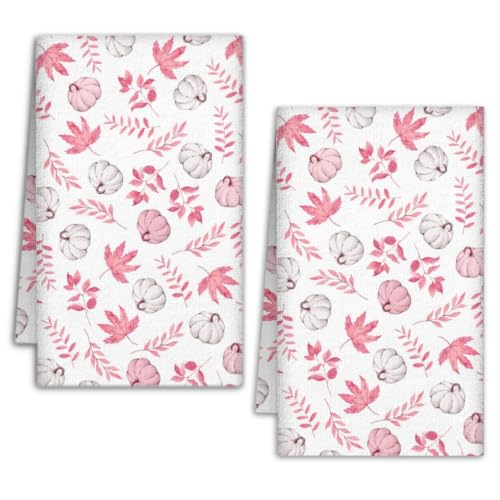 Dish Towels 9 Set of 2 - Fall Pink Maple Leaf Pumpkin Kitchen Hand Towels, 18x26 Inches, Thanksgiving Autumn Decor