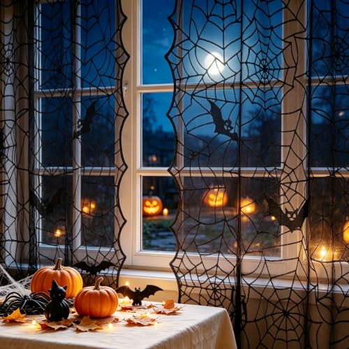 Halloween Black Lace Curtains 95 Inch Long with Cobweb Pattern - Pack of 2