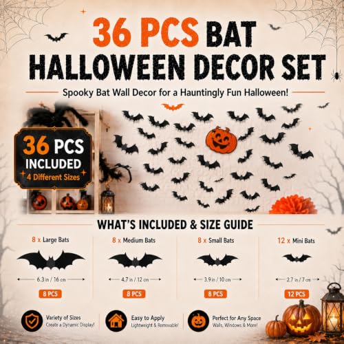Halloween Indoor Decor Set with Spider Web Tablecloth, Bat Wall Stickers & Mantel Scarf