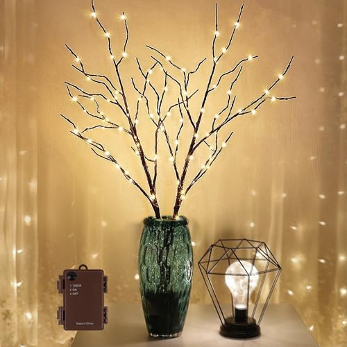 Lighted Christmas Tree Branches - 30 Inch Warm White LED Artificial Brown Twig with Timer & Waterproof for Indoor Outdoor Holiday Decorations - Variation: Warm White