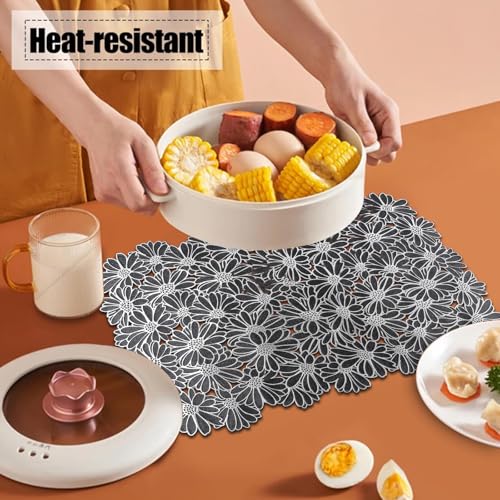 Flower Placemats Set 6 - Black PVC Embossed Table Mats with Silver Flower Variation