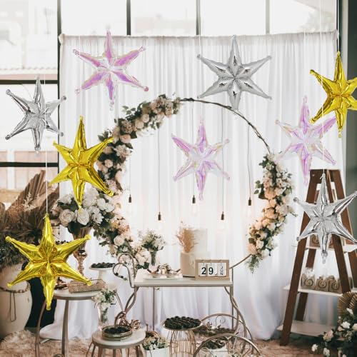 Silver Hexagon Star Foil Balloons - 8 Pack, Reusable Party Decorations