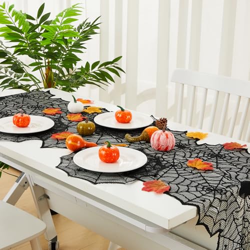 Halloween Spider Web Table Runner & Placemat Set - Black Lace Decor