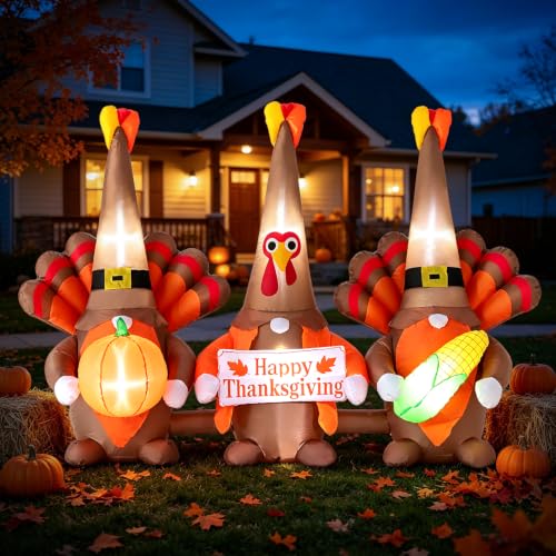 6.5 FT Thanksgiving Gnome Turkey Inflatable Outdoor Decor - Cheerful Autumn Yard Display
