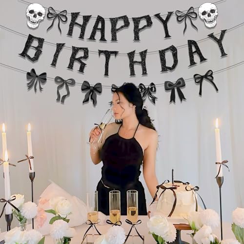 Gothic Black Bow Birthday Party Decorations Kit - Skeleton Banner & Garland