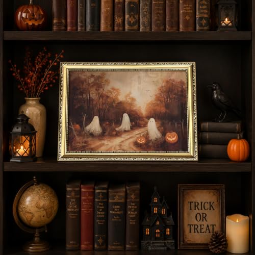 Autumn Ghost Framed Wall Art - 16x12in Halloween Pumpkin Canvas Print, Fall Farmhouse Decor