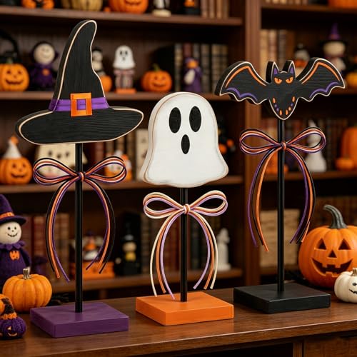 Halloween Ghost Bat Witch Hat Table Decorations - 3pcs Farmhouse Rustic Halloween Decor - Variation: Witch Hat