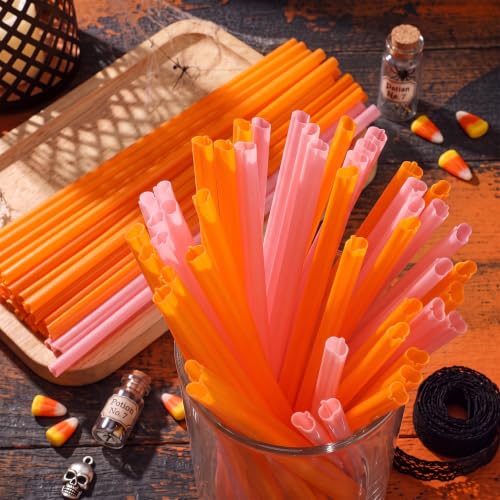 Potchen 100 Pcs Halloween Pumpkin-Shaped Plastic Straws - Pink & Orange, 8.6 Inch