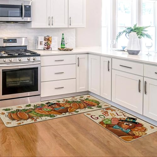 Set of 2 Thanksgiving Kitchen Rugs - Turkey Pumpkin Maple Leaves Floor Mats