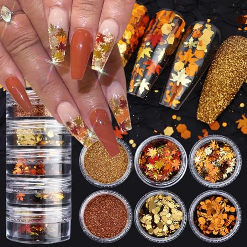 6Grids Fall Nail Glitters 3D Gold Maple Leaf Nail Sequins with Glitter Powder - Design 6