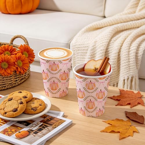 Fall Paper Cups 9oz Pink Bow Pumpkin Design - 50 Pack Disposable Drinkware for Parties