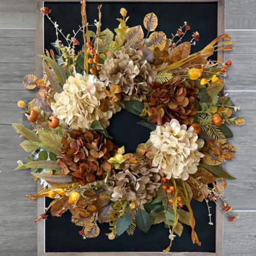 24 Inch Fall Wreath with Hydrangea & Mini Pumpkins - Rustic Front Door Decor - Variation: 10 Rusty Hydrangea