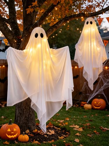 Halloween Ghost Decorations Outdoor Hanging Swing 47IN with LED Lights - Black+White, 2 Pack